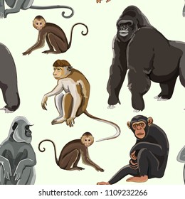 Different types of monkeys pattern. Vector illustration, EPS 10