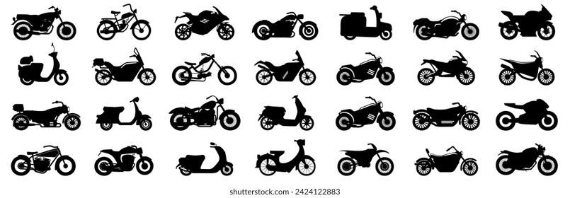 Diferentes tipos de silueta de vehículos de moto. Colección de siluetas de motocicletas negras. Juego de silueta negra de iconos de moto