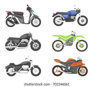 Different types of motorcycles. Vector set illustrations in cartoon style. Motorcycle speed transport collection