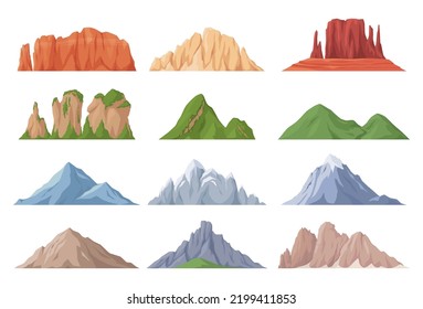 Different types of mountains from different parts of the world. Beautiful mountain landscape. Vector illustration