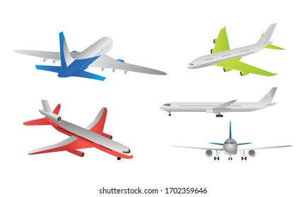 Different types of moving colorful passanger airplanes over white background