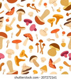 Different types of mushrooms seamless pattern