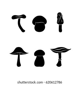 Different types of mushrooms, silhouettes isolated on white background