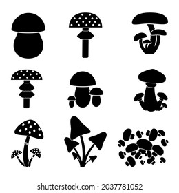 Different types of mushrooms, different sizes, black on a white background. A vector image.