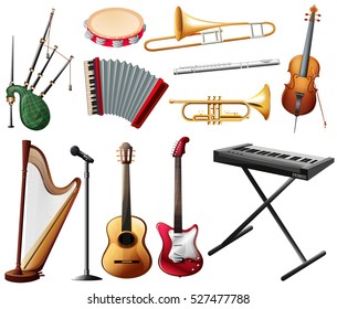 Different types of musical instrument on white illustration