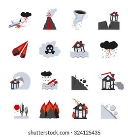 Different types of natural disasters flat icons set performed in black white and red colors isolated vector illustration