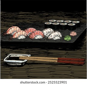 different types nigiri salmon, tuna, sepia, squid, luxury sushi dinneron big lava plate dark delicious food asian japanees restaurant dish draw linear illustration isolated on white background