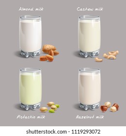 Different Types Of Non-dairy Milk. Vegan Nut-milk In Glass On Gray Background