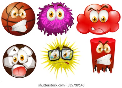 Different types of objects with facial expressions illustration