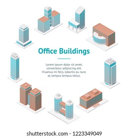 Different Types Office Building 3d Banner Card Circle Isometric View Modern Exterior. Vector illustration of Public Architecture in City