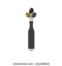 Different types of olives and a bottle, olive oil concept