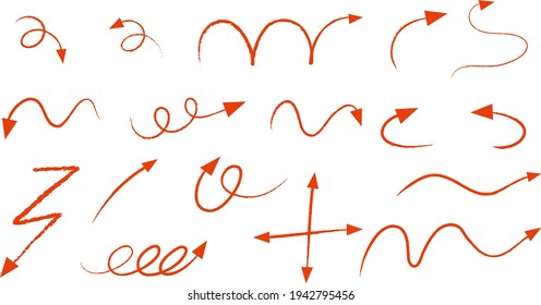 Different types of orange hand drawn curved arrows on white background illustration