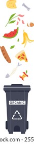 Different types of organic food waste are falling into a gray garbage bin with a recycling symbol, promoting composting and waste reduction
