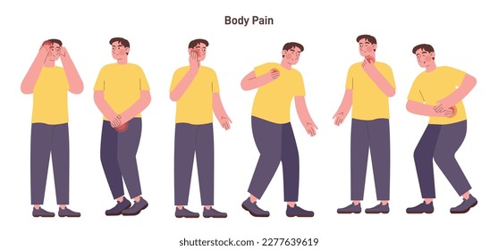 Different types of pain on human body parts. Sharp or nagging ache in head, heart and throat. Health problems or injuries symptom. Flat vector illustration