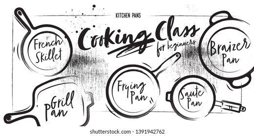 Different types of pans. Chalk and coal style. Line style elements