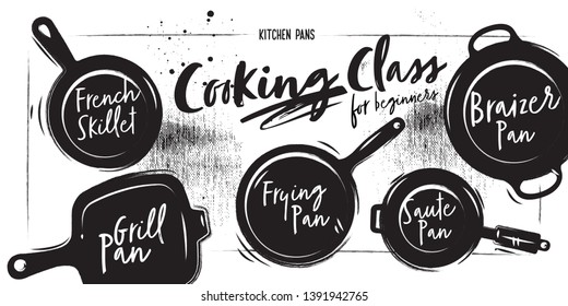 Different types of pans. Chalk and coal style. White vintage background