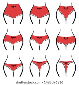 Different types of panties collection for women. Isolated vector illustration