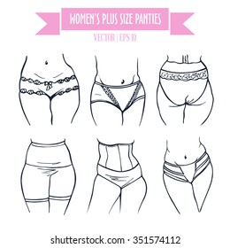 Different types of panties for women plus size, hand drawn icons in contour sketch style