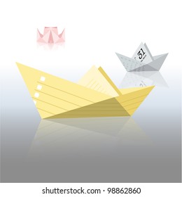 Different types of paper boats made of different paper types on a glossy surface - yellow personal todo list boat, gray calendar yacht and pink steamboat of family needs.