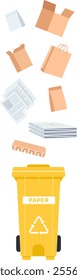 Different types of paper waste, including cardboard boxes, newspapers, and bags, falling into a yellow recycling bin labeled for paper, highlighting the importance of recycling for sustainability