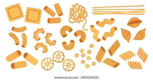 Different types pasta. Cartoon italian fast food, spaghetti, penne, ravioli and tagliatelle, products made of dough for boiling, vector set.eps
