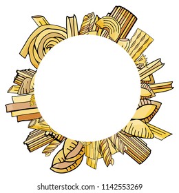 Different types of pasta in circle with space for text on white background