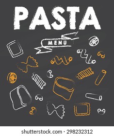 Different types of pasta drawn in chalk on the chalkboard. Editable Vector illustration
