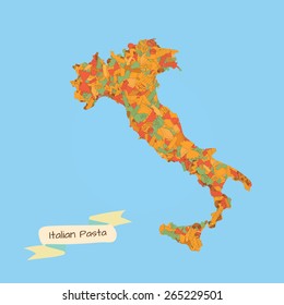 Different types of pasta in the form of the peninsula of Italy. vector illustration.