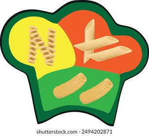 Different types of pasta forming a chef hat representing italian food