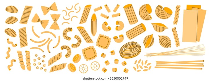 Diferentes tipos de massa. fast food italiano, espaguete, penne, farfalle, rigatoni, fusilli, garganelli, macarrão, conchiglie, ravioli e tagliatelle. Ilustração de vetor plana desenhada à mão 