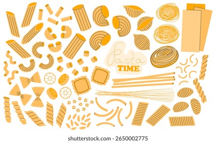 Diferentes tipos de massa. fast food italiano, espaguete, penne, farfalle, rigatoni, fusilli, garganelli, macarrão, conchiglie, ravioli e tagliatelle. Ilustração de vetor plana desenhada à mão 