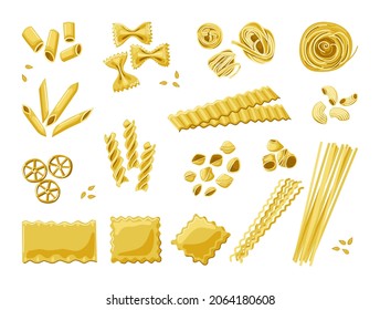 Different types of pasta. Italian noodles and macaroni.Decor of the restaurant menu of Italian cuisine. Vector cartoon set.