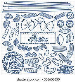 Different types of pasta on squared background. Vector illustration of hand drawn pasta elements for menu, backgrounds, wrapping, posters, textile prints