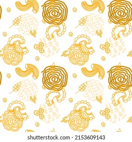 Different types of pasta on a white seamless background. Pasta. Spaghetti, horns. Elements drawn in doodle style. Italy. Suitable for packaging and textiles.