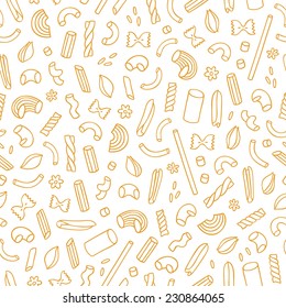 Different types of pasta outlined seamless pattern background 