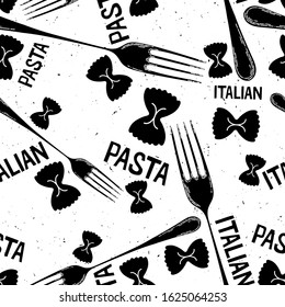 Different types of pasta seamless pattern background. Seamless pattern of traditional pasta shapes. Different types of macaroni. Vector illustration.