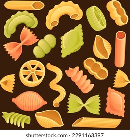 Different types of pasta seamless pattern vector illustration on dark background
