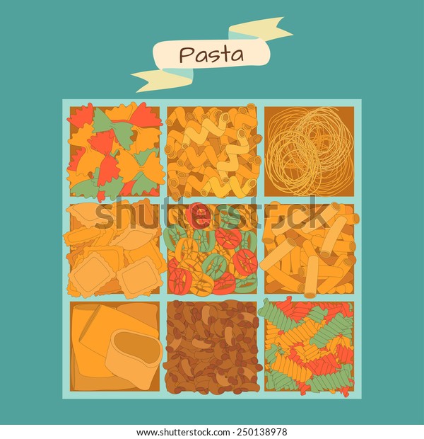 Different types of pasta in separate\
cells. Top view on a box with dividers. Vector\
illustration.