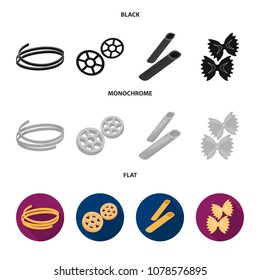 Different types of pasta. Types of pasta set collection icons in black, flat, monochrome style vector symbol stock illustration web.