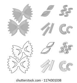 Different types of pasta. Types of pasta set collection icons in outline,monochrome style vector symbol stock illustration web.