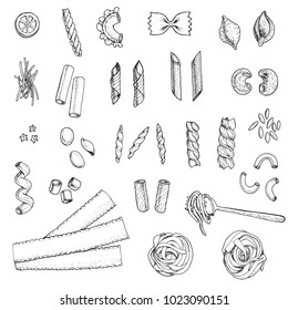 Different types of pasta set. Hand drawn sketch. Vintage vector illustration.