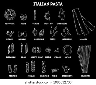 Verschiedene Arten von Nudeln Set. Italienisches Essen. Handgezeichnete Skizze. Vintage, Vektorgrafik. Illustration von Pasta-Skizzen. Italienische Küche.