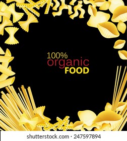 Different types of pasta with tomato on a black background