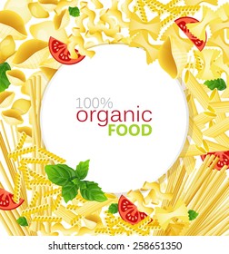 Different types of pasta, tomatoes, basil on a white background