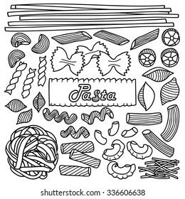 Different types of pasta. Vector illustration of hand drawn pasta elements for menu, backgrounds, wrapping, posters, textile prints