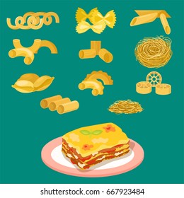 Different types of pasta whole wheat corn rice noodles organic food macaroni yellow nutrition dinner products vector illustration