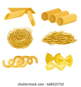 Different types of pasta whole wheat corn rice noodles organic food macaroni yellow nutrition dinner products vector illustration