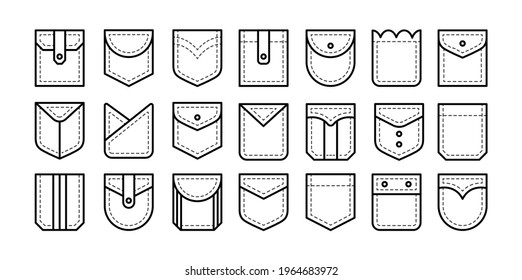 Different types of patch pockets with flap, button and pleat. Men and women shirt, jean pockets. Casual garment. Line icon set. Vector illustration. Isolated objects on white background