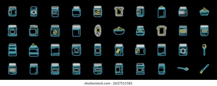 Different types of peanut butter packaging glowing neon icons set on black background