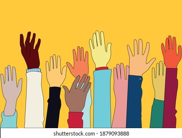 Different types of peoples hands are raised to express opinions,